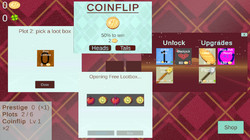 Botanical "Garden" gameplay: a coin flip window, a loot box being opened, unlocks and upgrades